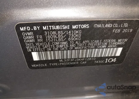 2019 Mitsubishi Mirage Es/Rf z USA, uszkodzony, nr VIN ML32F3FJ3KHF12810